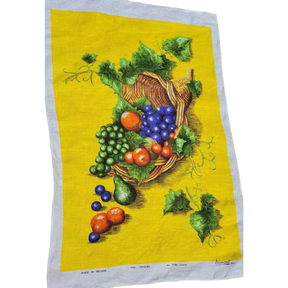 VINTAGE LAMONT PURE LINEN TEA DISH TOWEL FRUIT RED GREEN YELLOW 1970'S PRISTINE!